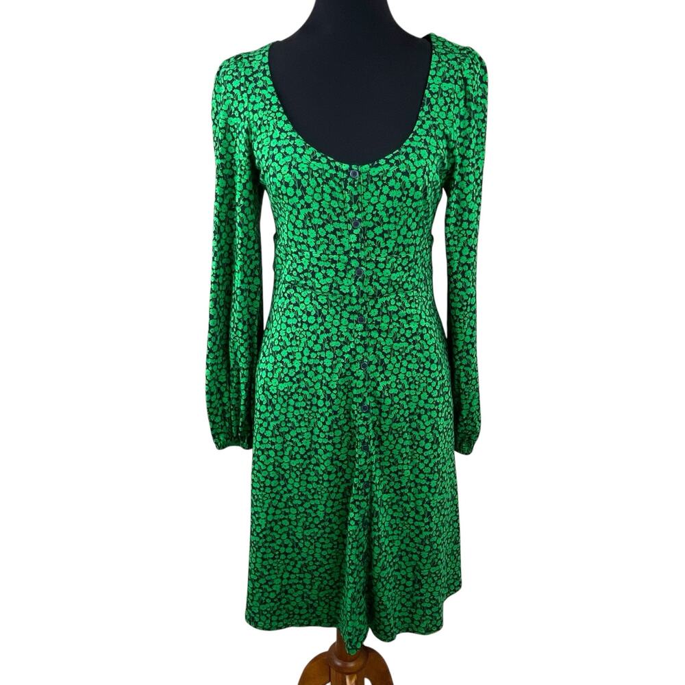 Boden Floral Midi Dress Size 6 Long Jersey Knit Button Front Green Black